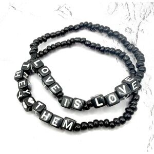 They Them Love is Love Pronoun Bracelet Set Black Beaded Pride Jewelry